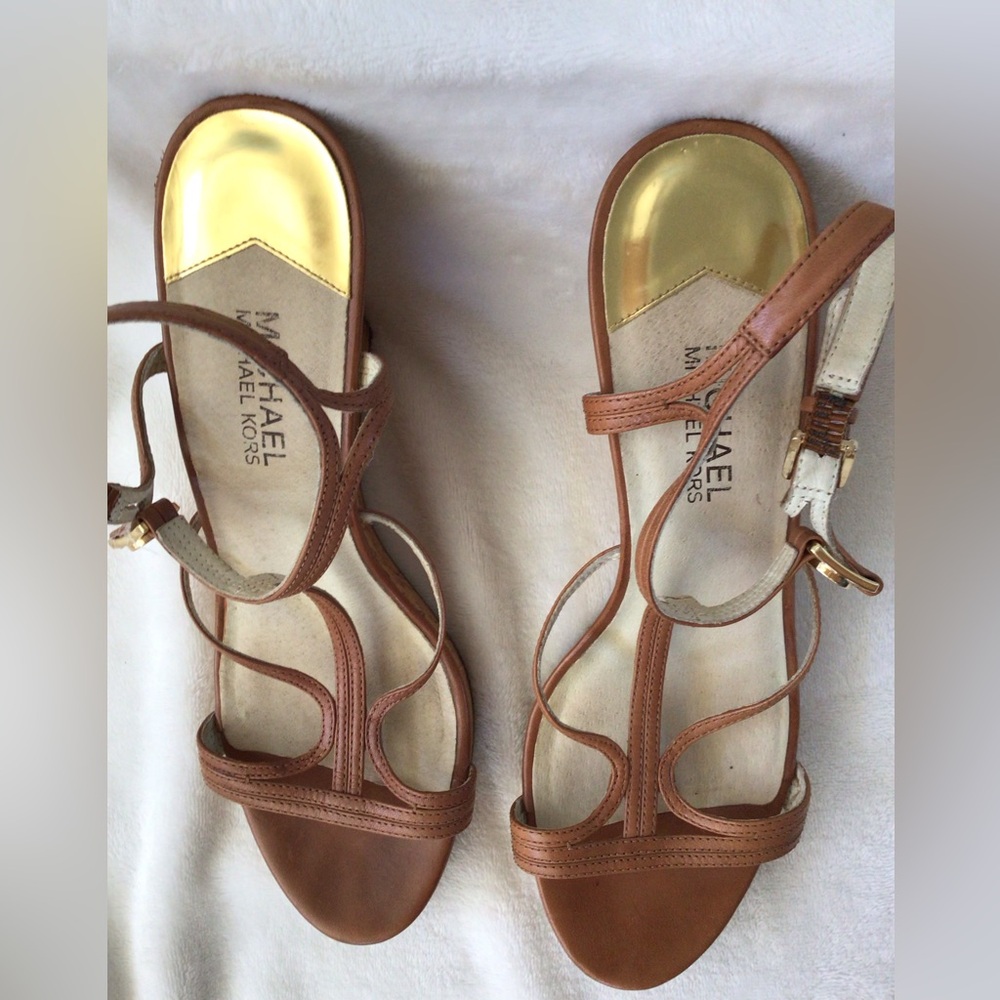 Michael Kors Tan Strappy Sandals with Gold Accents